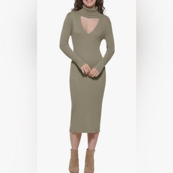 DKNY WOMEN'S RIBBED CUTOUT TURTLENECK BODYCON DRESS IN THYME SIZE MEDIUM NWT - Picture 1 of 6